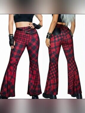 Romwe blk red plaid faux leather back pockets extreme flare punk pants 0X 12 NWT